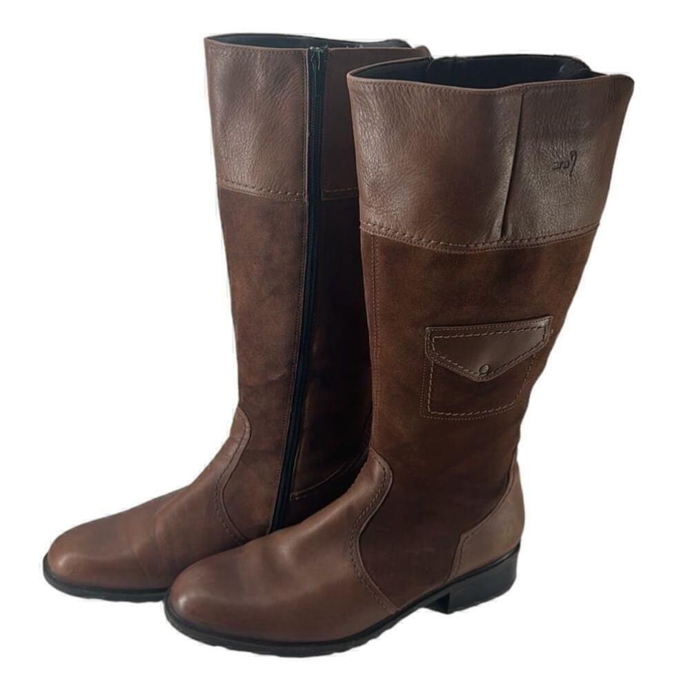 Ara Rene knee high boot brown leather Suede pocket detail riding European sz 8
